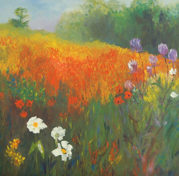Painting titled "Champ de coquelicots" by Mary, Original Artwork, Oil