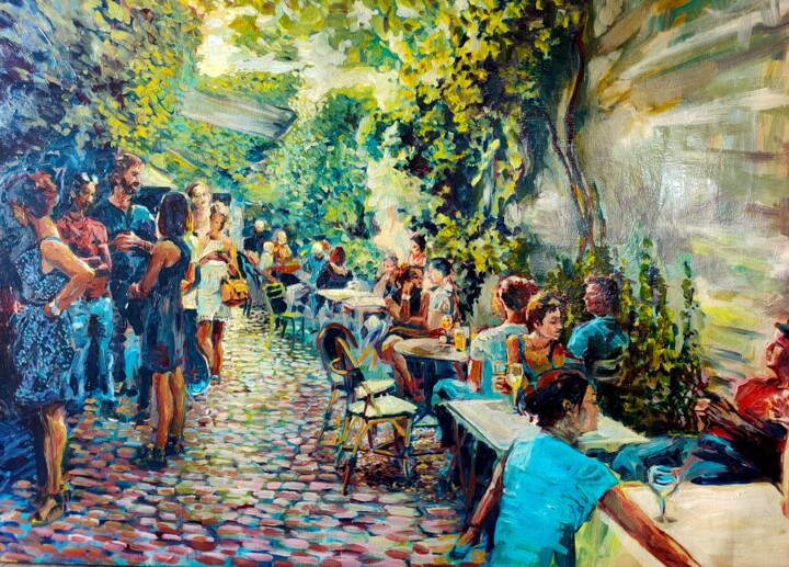 Peinture intitulée "Terrasse au frais" par Marie-France Vuille-Dit-Bille (Marie-France), Œuvre d'art originale, Huile
