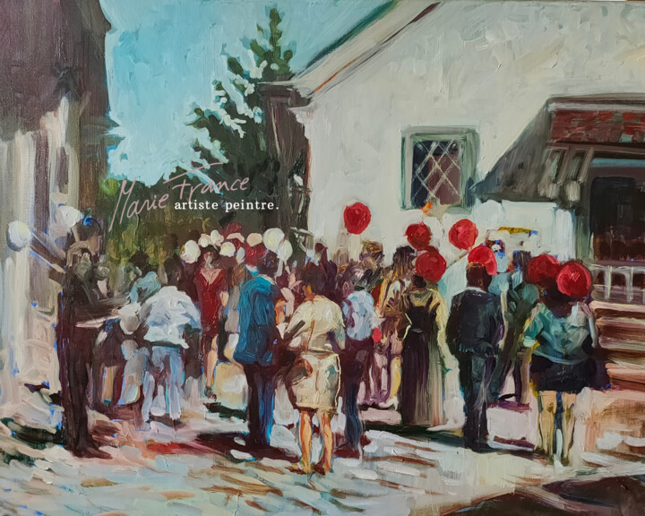 Painting titled "Mariage" by Marie-France Vuille-Dit-Bille (Marie-France), Original Artwork, Oil Mounted on Wood Stretcher f…