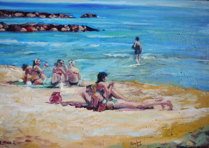 Schilderij getiteld "La plage" door Marie-France Vuille-Dit-Bille (Marie-France), Origineel Kunstwerk, Olie