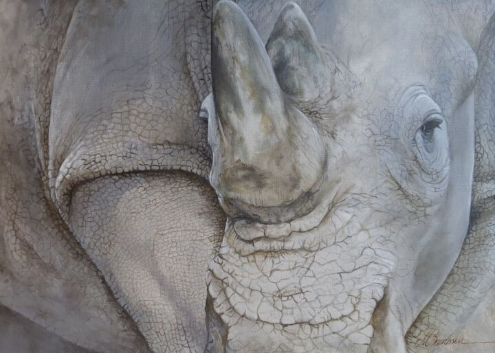 Painting titled "Regard de Rhino" by Marie-Françoise Janssen, Original Artwork, Acrylic