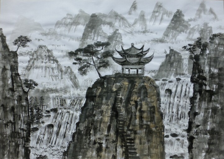 Drawing titled "pagode chinoise" by Marie-Françoise Le Néen, Original Artwork, Ink