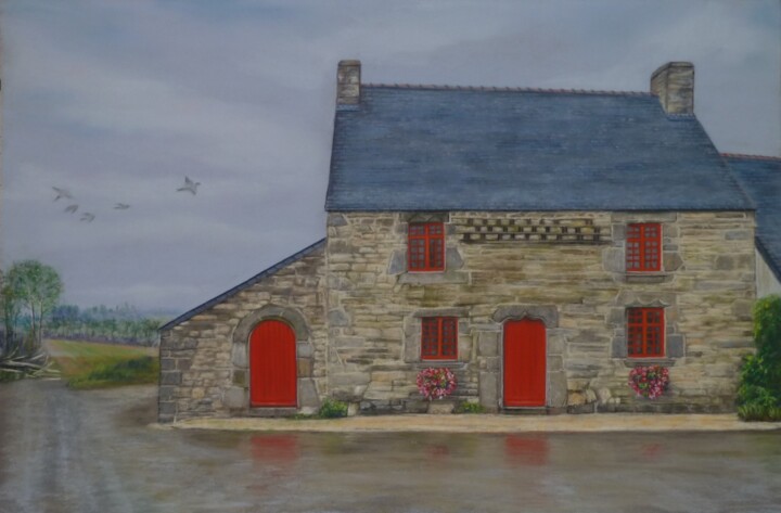 Dessin intitulée "Maison à pigeonnier…" par Marie-Françoise Le Néen, Œuvre d'art originale, Pastel