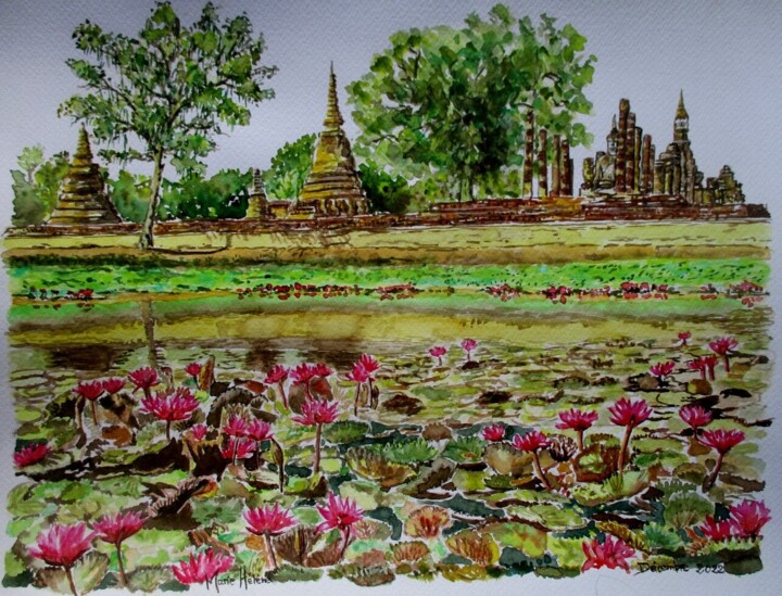 Peinture intitulée "Temple de Wat Mahat…" par Bilitis, Œuvre d'art originale, Aquarelle