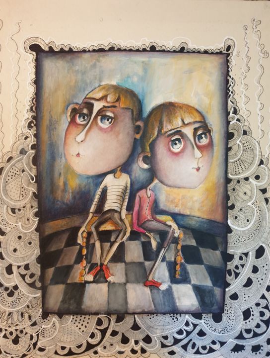 Painting titled "lili et jim" by Marie Helene Roger, Original Artwork, Acrylic