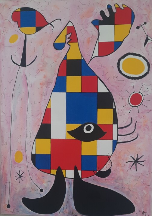 Schilderij getiteld "Miro meets Mondriaan" door Marie Jeanne Van De Velde, Origineel Kunstwerk, Acryl