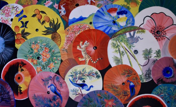 Painting titled "Asian Umbrellas" by Marie-Jose Ged, Original Artwork, Oil Mounted on Wood Stretcher frame