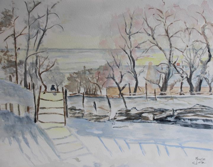 Painting titled "Paysage d'hiver" by Marie-José Longuet, Original Artwork, Watercolor