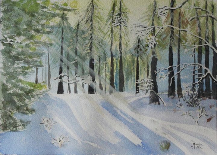 Peinture intitulée "La forêt enneigée" par Marie-José Longuet, Œuvre d'art originale, Aquarelle