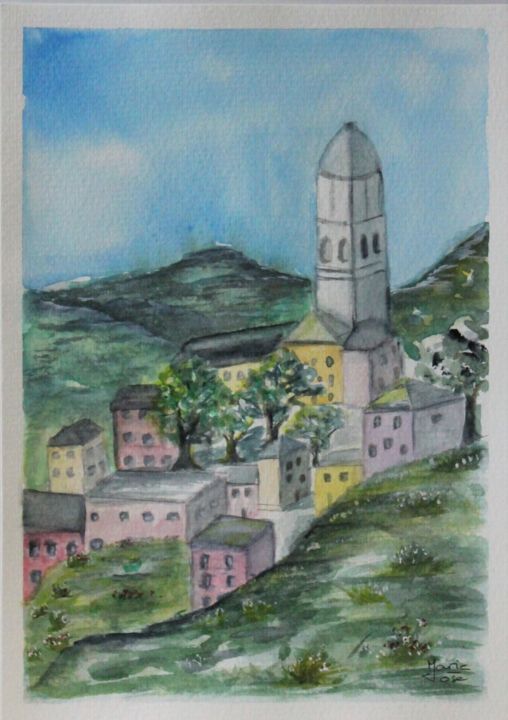 Malerei mit dem Titel "Village italien" von Marie-José Longuet, Original-Kunstwerk, Aquarell