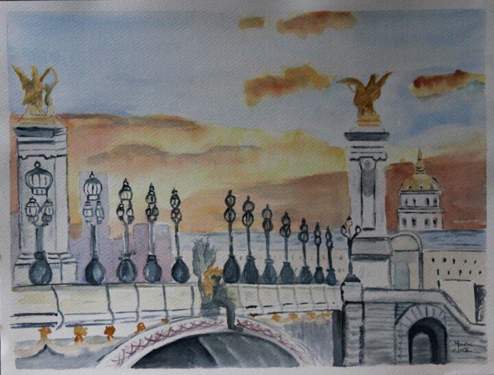 Painting titled "Pont Alexandre III" by Marie-José Longuet, Original Artwork, Watercolor