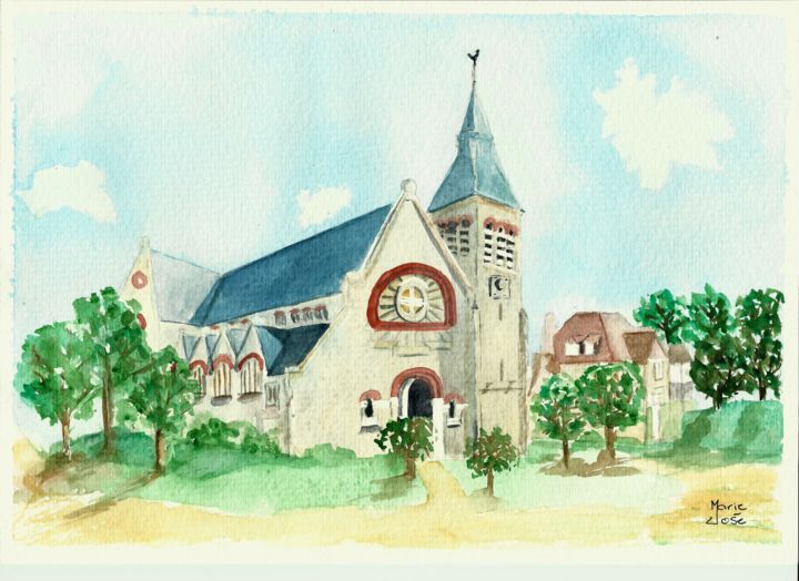 Peinture intitulée "Eglise du Touquet" par Marie-José Longuet, Œuvre d'art originale, Aquarelle