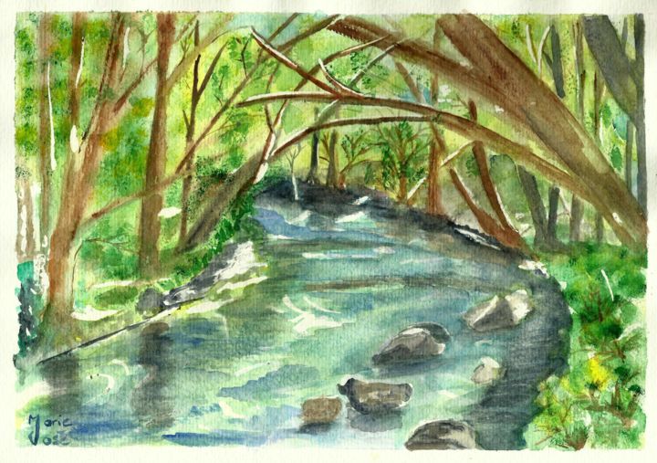 Painting titled "La rivière de mon e…" by Marie-José Longuet, Original Artwork, Watercolor