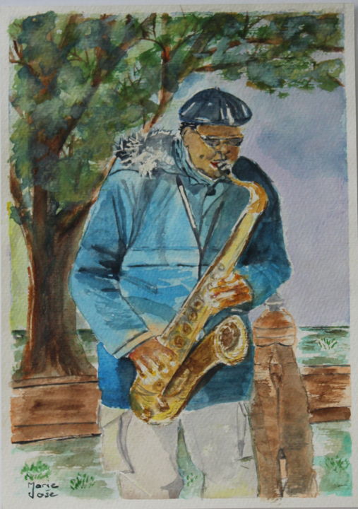 Painting titled "Le Saxophoniste" by Marie-José Longuet, Original Artwork, Watercolor
