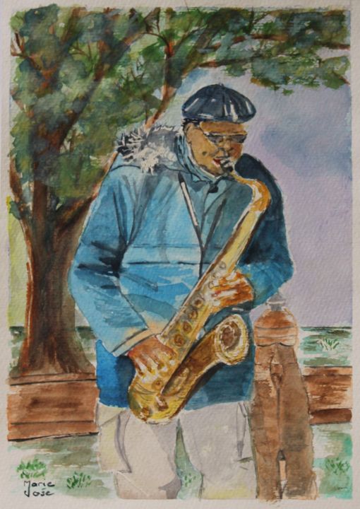 「Le saxophoniste de…」というタイトルの絵画 Marie-José Longuetによって, オリジナルのアートワーク, 水彩画