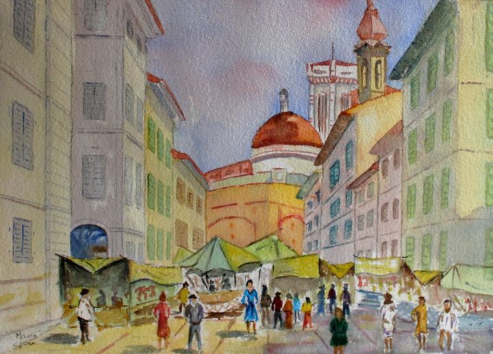 Pintura titulada "Marché à Florence" por Marie-José Longuet, Obra de arte original, Acuarela