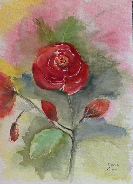 Painting titled "Rose ancienne" by Marie-José Longuet, Original Artwork, Watercolor