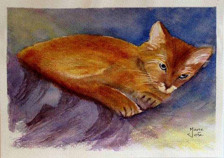 Painting titled "Bien au chaud !" by Marie-José Longuet, Original Artwork, Watercolor