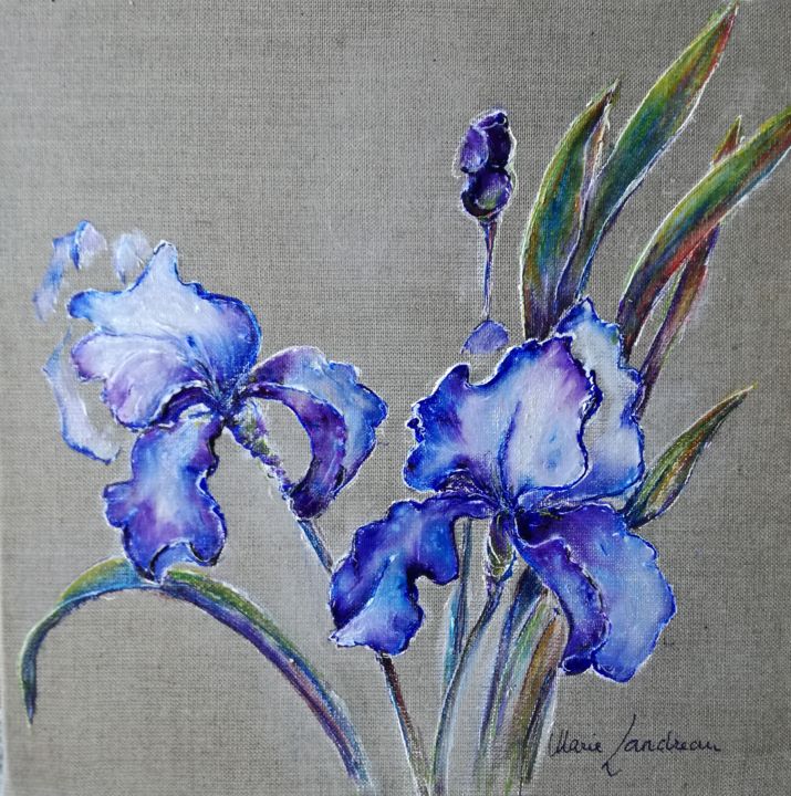 Painting titled "Iris bleus" by Marie Landreau, Original Artwork