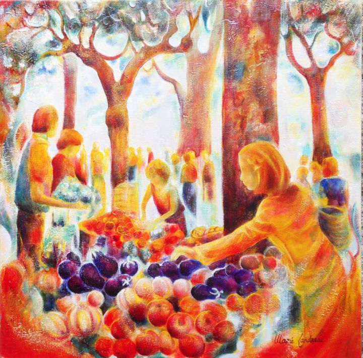 Painting titled "Marché provençal" by Marie Landreau, Original Artwork