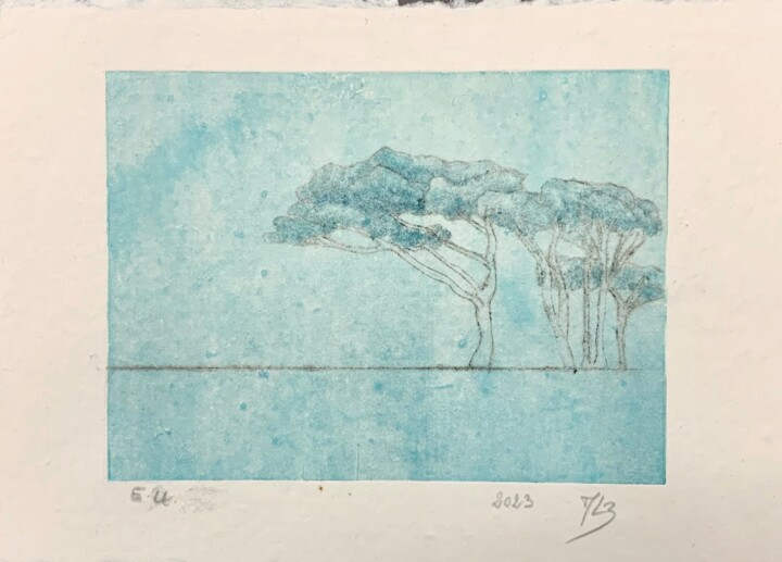 Estampas & grabados titulada "Les pins turquoises" por Marie-Laure Breton, Obra de arte original, Grabado