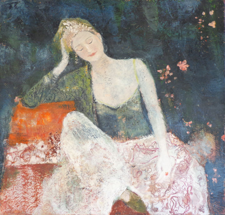 Painting titled "jeune fille au sofa" by Laura Brume, Original Artwork