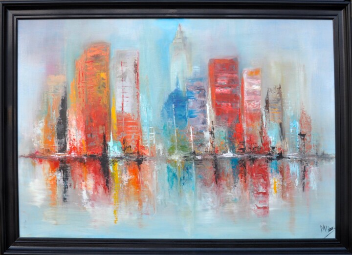 Painting titled "Manhattan" by Marie Line Robert, Original Artwork, Oil Mounted on Wood Stretcher frame
