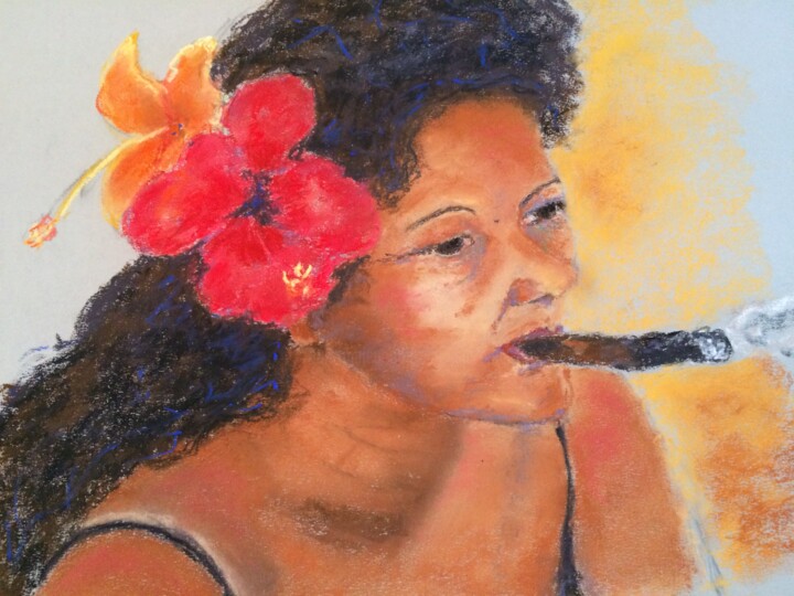 绘画 标题为“La femme au cigare” 由Marie Lorraine Papelier, 原创艺术品, 粉彩 安装在玻璃上