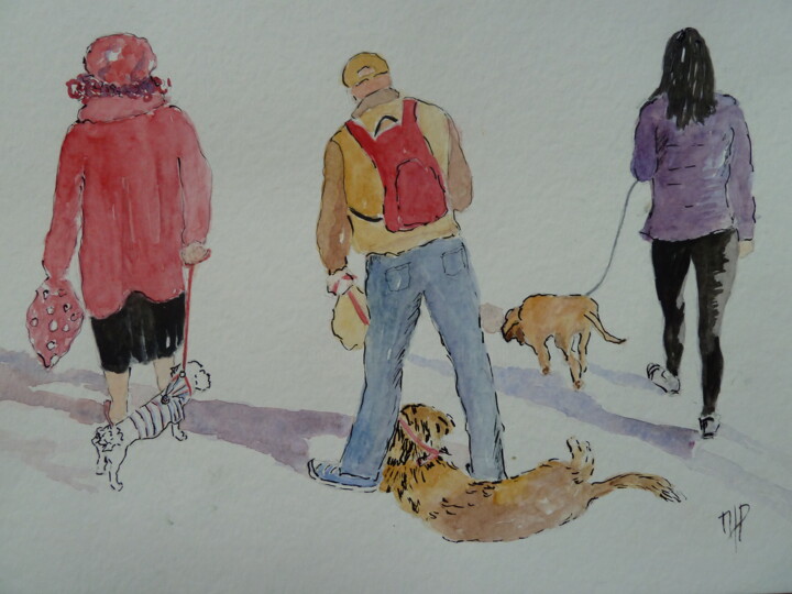 Painting titled "Maîtres et chiens 2" by Marie Lorraine Papelier, Original Artwork, Watercolor