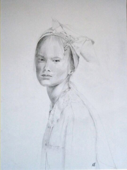 Drawing titled "Jeune Fille Coiffée…" by Marie Luce Roussel, Original Artwork, Graphite Mounted on Cardboard