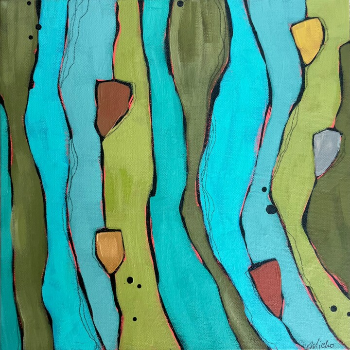 Painting titled "Algues" by Marie Michaud, Original Artwork, Acrylic Mounted on Wood Stretcher frame