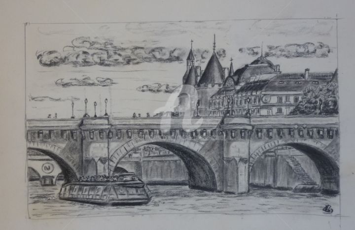 Drawing titled "Le Pont Neuf" by Marie-Noëlle Amiot, Original Artwork, Charcoal