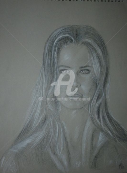 Drawing titled "Claudia Schieffer" by Marie-Noëlle Amiot, Original Artwork, Pencil