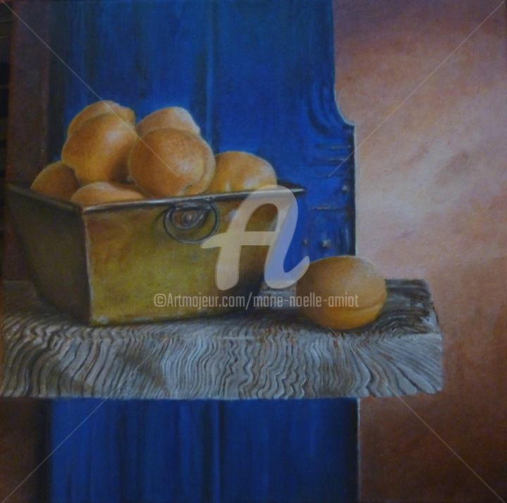 Painting titled "Corbeille d'abricots" by Marie-Noëlle Amiot, Original Artwork, Oil
