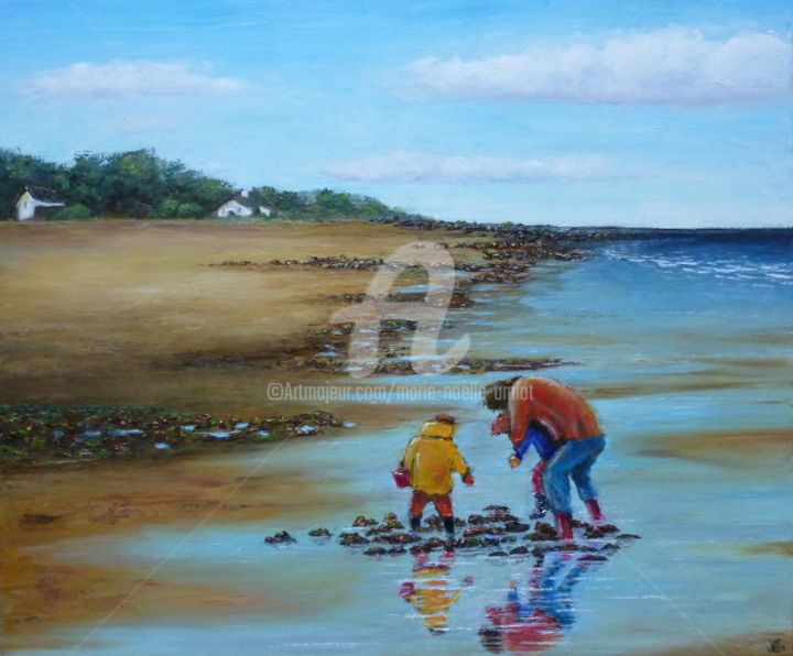 Painting titled "Etude Pêche à pied" by Marie-Noëlle Amiot, Original Artwork, Oil