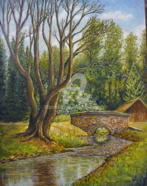 Pittura intitolato "Le petit pont d'Oncy" da Marie-Noëlle Amiot, Opera d'arte originale, Olio