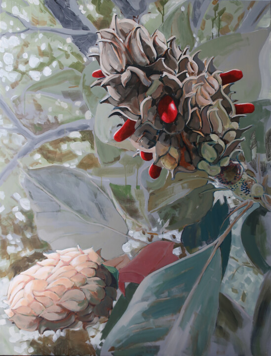 Malarstwo zatytułowany „Graines, magnolia” autorstwa Marie-Odile Ginies, Oryginalna praca, Akryl Zamontowany na Drewniana ra…