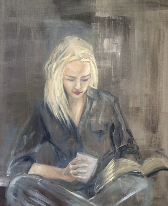Painting titled "la lectrice" by Marie Pascale Martins, Original Artwork, Oil Mounted on Wood Stretcher frame