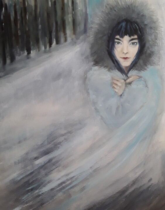 Painting titled "Winter Bjork hiver" by Marie Pascale Martins, Original Artwork, Oil Mounted on Wood Stretcher frame