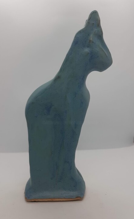 Scultura intitolato "chat bleu vert" da Marie Pascale Martins, Opera d'arte originale, Ceramica