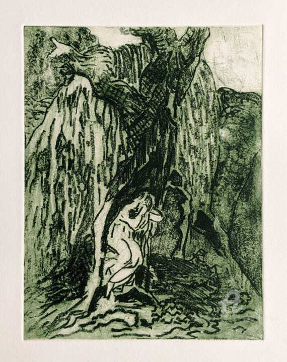 "Au creux de la forêt" başlıklı Baskıresim Marie-Paule Demarquez tarafından, Orijinal sanat, Oyma baskı 
