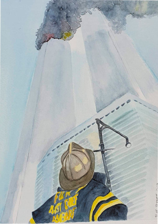 Schilderij getiteld "Fireman at WTC" door Marie Perony, Origineel Kunstwerk, Aquarel
