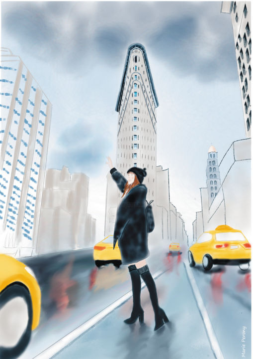 Digital Arts titled "The Flatiron Girl" by Marie Perony, Original Artwork, Digital Painting