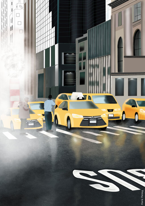 Peinture intitulée "New-York cabs" par Marie Perony, Œuvre d'art originale, Peinture numérique