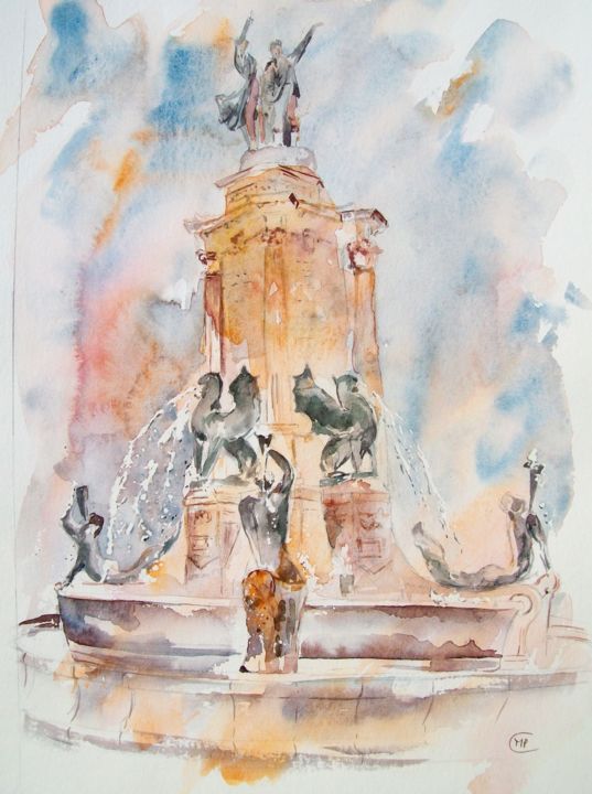 Pintura intitulada "Fontaine de ville" por Marie-Pierre Coiffard, Obras de arte originais, Aquarela Montado em Cartão