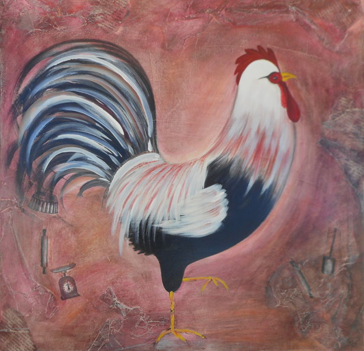 Painting titled "CHANT DU COQ" by Marie Pierre Dieumegard, Original Artwork, Acrylic Mounted on Wood Stretcher frame
