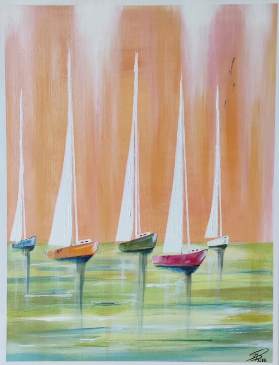 Painting titled "Voiliers" by Marie Pierre Dieumegard, Original Artwork, Acrylic Mounted on Wood Stretcher frame