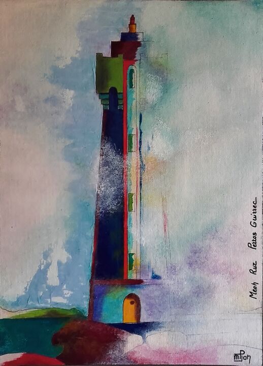 Painting titled "phare de Mean Ruz -…" by Marie-Pierre Jan, Original Artwork, Acrylic Mounted on Cardboard