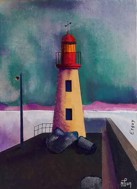 Painting titled "phare d'Erquy" by Marie-Pierre Jan, Original Artwork, Acrylic Mounted on Cardboard