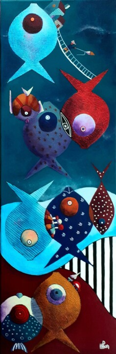 Painting titled "Bande de poissons 2" by Marie-Pierre Jan, Original Artwork, Acrylic Mounted on Wood Stretcher frame